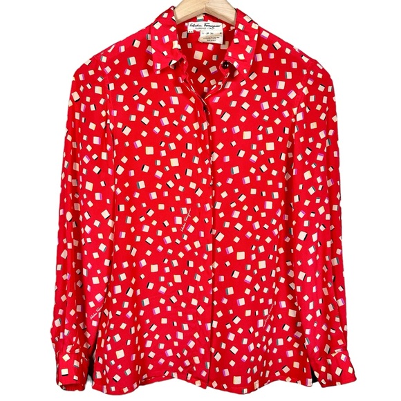 Salvatore Ferragamo Tops - FERRAGAMO Vintage Silk Logo Printed Long Sleeve Button Down Top
